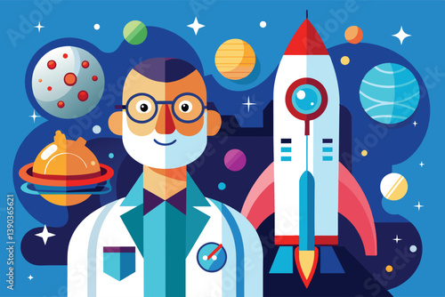Illustration of a cartoon scientist with a white coat and glasses standing in front of a rocket against a blue space background with planets and stars.