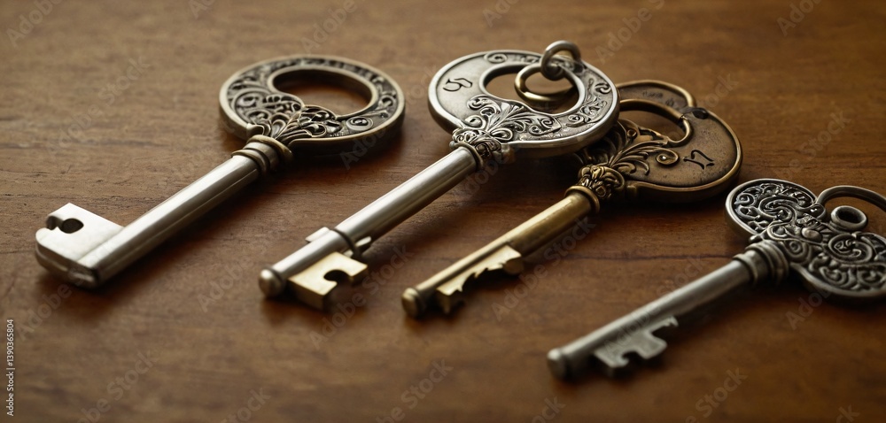 A set of three house keys, each with a different design, placed neatly on a smooth, matte surface.