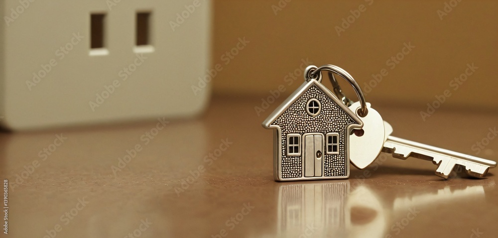 A set of house keys lying neatly on a light-colored surface, with a silver house-shaped keychain attached.