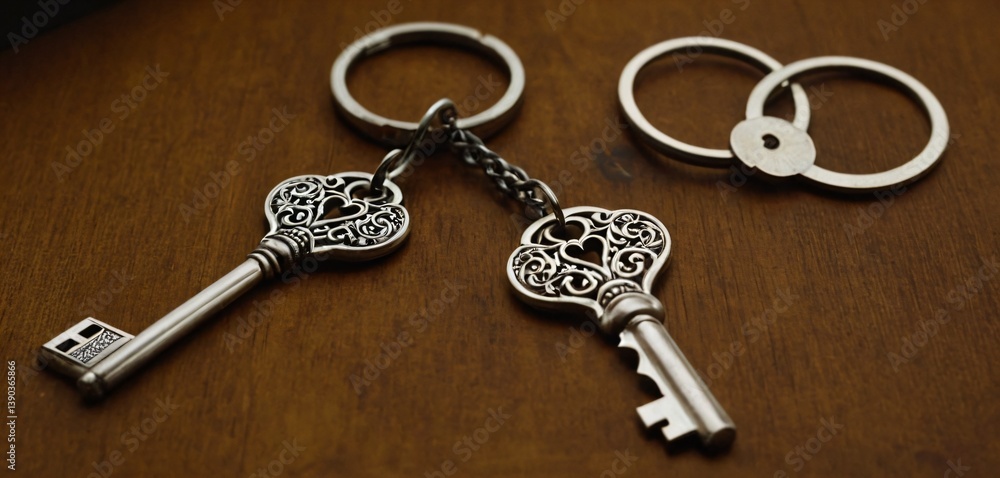 A set of three house keys, each with a different design, placed neatly on a smooth, matte surface.