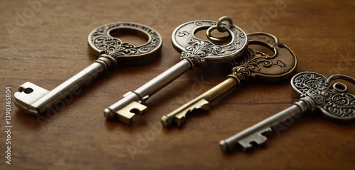 Obraz na płótnie A set of three house keys, each with a different design, placed neatly on a smooth, matte surface. w salonie