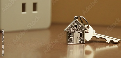 Obraz na płótnie A set of house keys lying neatly on a light-colored surface, with a silver house-shaped keychain attached. w salonie