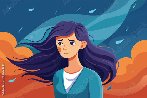 A cartoon illustration of a woman with long dark hair standing in the wind and rain. Her hair is blowing in the wind and she has a sad expression on her face.