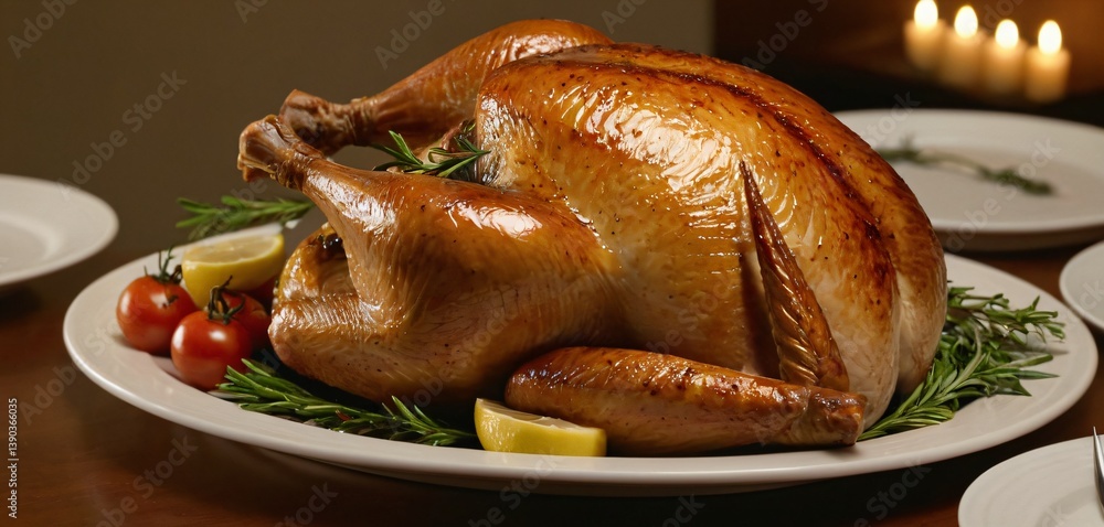 A stunning, full ultra-HD image of a beautifully glazed roasted turkey on a white plate, its surface reflecting light with a perfect balance of crispiness and juiciness.