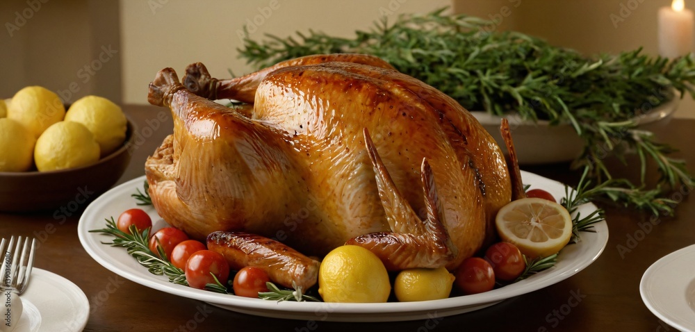 A stunning, full ultra-HD image of a beautifully glazed roasted turkey on a white plate, its surface reflecting light with a perfect balance of crispiness and juiciness.
