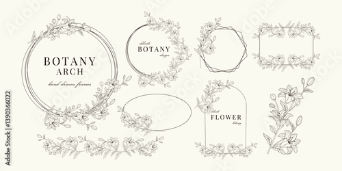 Set of frames with flowers. Circles and squares, ovals and rhombus. Hand drawn silhouette of botanical leaves. Decorations for wedding invitations. Tattoo outline. Branches. Line art. Wreaths. Element