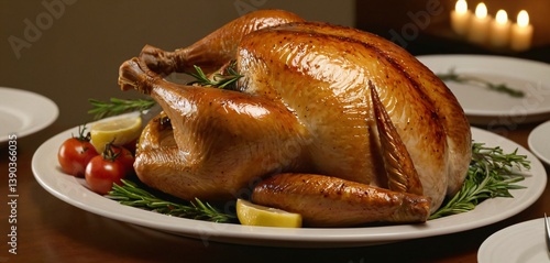 Obraz na płótnie A stunning, full ultra-HD image of a beautifully glazed roasted turkey on a white plate, its surface reflecting light with a perfect balance of crispiness and juiciness. w salonie