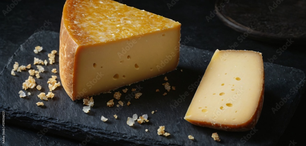 A stunning, full ultra-HD image of a piece of aged cheese with a deep golden hue, resting on a dark slate board