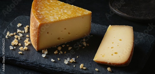 Obraz na płótnie A stunning, full ultra-HD image of a piece of aged cheese with a deep golden hue, resting on a dark slate board w salonie