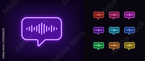 Outline neon voice message icon set. Glowing neon bubble message with sound wave, voice record icon. Audio notification, voice control and search, speech identification, microphone record. Vector icon