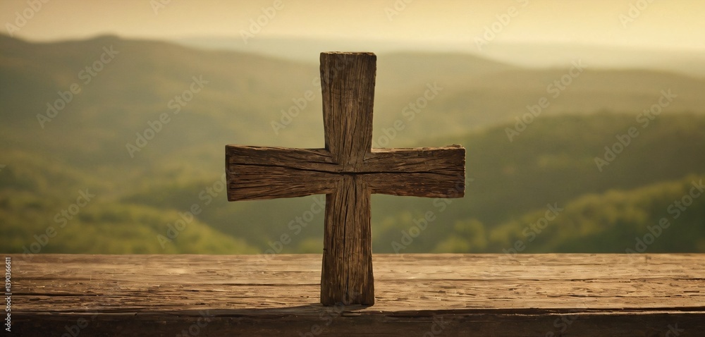 An aged wooden cross, standing alone with a weathered texture and deep cracks, isolated against a softly blurred, neutral-toned background.