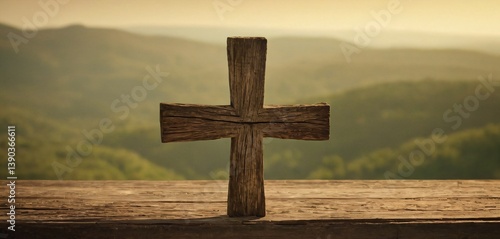 Obraz na płótnie An aged wooden cross, standing alone with a weathered texture and deep cracks, isolated against a softly blurred, neutral-toned background. w salonie