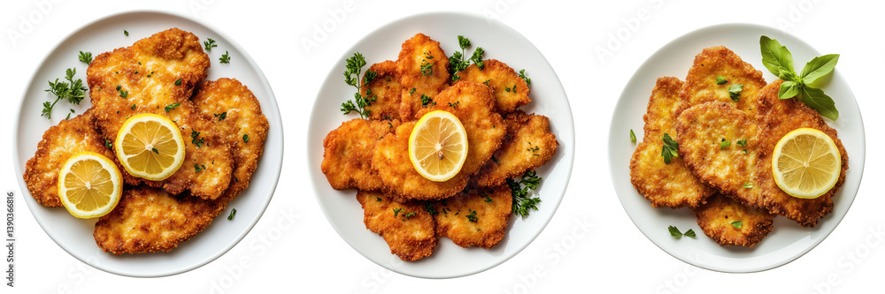 Crispy Fried Fish Fillets with Lemon and Fresh Garnish on Plates on Transparent Background Crispy Fried Fish Fillets with Lemon and Fresh Garnish on Plates on Transparent Background