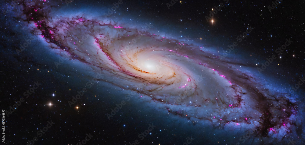 An awe-inspiring photograph of the vastness of the universe, showcasing a swirling, vibrant galaxy at its center, surrounded by countless stars, nebulae, and distant galaxies.
