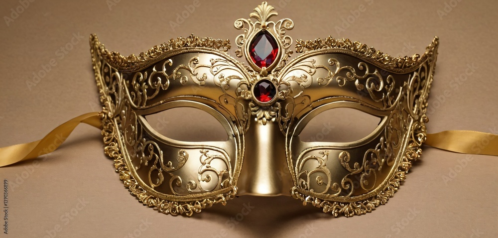 An elegant opera carnival masquerade mask, intricately designed with ornate gold filigree and deep jewel-toned accents.