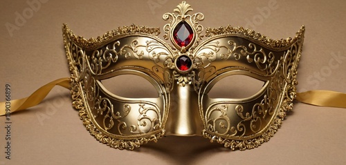 Obraz na płótnie An elegant opera carnival masquerade mask, intricately designed with ornate gold filigree and deep jewel-toned accents. w salonie