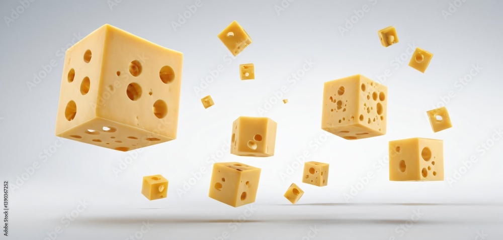 Cheese cubes with holes levitating in air on white background. File contains clipping paths.