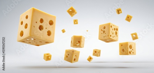 Obraz na płótnie Cheese cubes with holes levitating in air on white background. File contains clipping paths. w salonie
