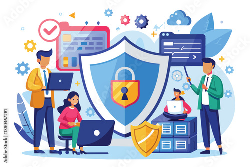 A team of four people working together to protect data. One person holds a shield with a lock, representing security.