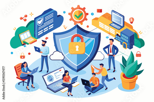 A digital illustration depicting a secure cloud computing system with users working together on laptops.