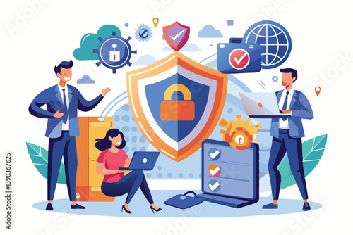An illustration of three business professionals working together on a cybersecurity strategy, with a large shield icon prominently displayed.