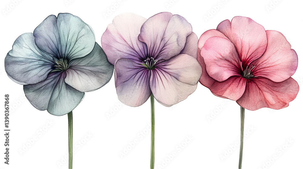 Elegant Watercolor Geranium Flowers Pastel Pink Blue Purple Botanical Illustration Floral Art Nature Design Print Soft Bloom Stems