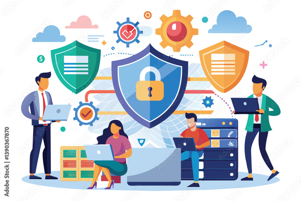 A team of professionals is working on a secure network with data protection. They are using laptops and a server to access and manage information. A team of professionals is working on a secure network with data protection. They are using laptops and a server to access and manage information.
