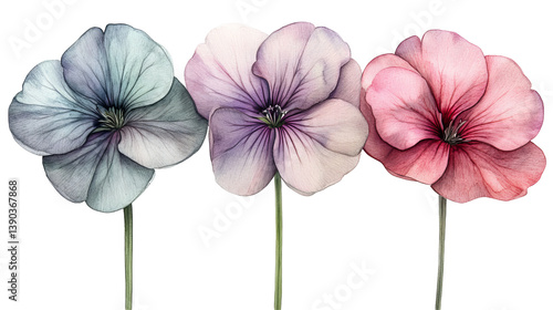 Obraz na płótnie Elegant Watercolor Geranium Flowers Pastel Pink Blue Purple Botanical Illustration Floral Art Nature Design Print Soft Bloom Stems w salonie
