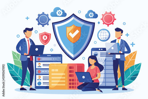 An illustration depicting three individuals working on their laptops, protected by a large shield icon, symbolizing secure online data protection.