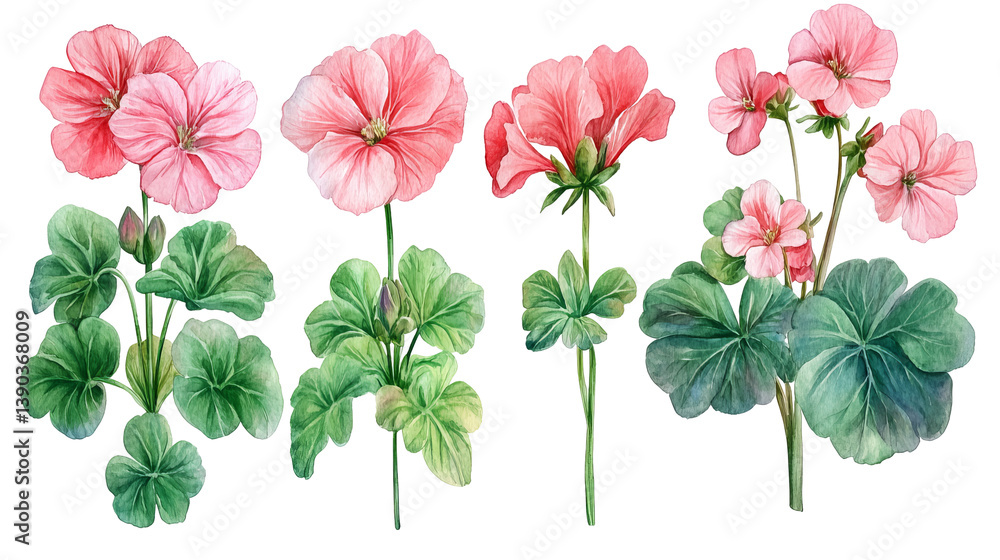 Elegant Pink Geranium Flowers Watercolor Botanical Illustration Set Nature Floral Design Element Artistic Painting Pretty Blossom Plants