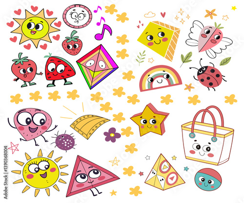 Set of colorful funny shape element vector. Collection of cartoon characters, cute doodle dawn, geometric, organic shape with fun eye. Design for decorative, sticker, toys and kids