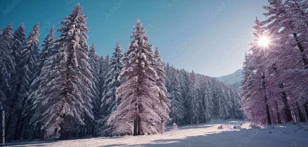 Snow-covered trees in winter forest. Beautiful winter landscape. Alps, France