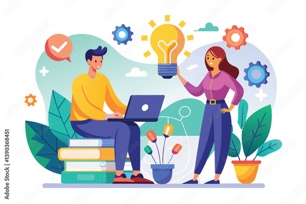 A man and a woman are working together on a laptop project. The woman is holding a lightbulb symbolizing a new idea. A man and a woman are working together on a laptop project. The woman is holding a lightbulb symbolizing a new idea.