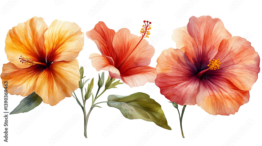 Elegant Watercolor Hibiscus Flowers Botanical Illustration Orange Red Floral Design Tropical Nature Painting Art Print Summer Bloom Leaf