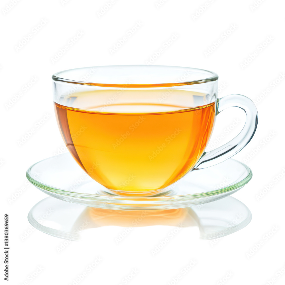 Golden Elixir in Glass: A clear glass cup of steaming tea rests gracefully atop a matching saucer, reflecting the amber liquid. The image evokes a sense of calm and warmth. Golden Elixir in Glass: A clear glass cup of steaming tea rests gracefully atop a matching saucer, reflecting the amber liquid. The image evokes a sense of calm and warmth.