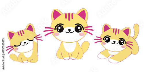 Vector set of cute yellow cats on white background. Cartoon characters cute cats, happy cute, art, animals, kittens, pets