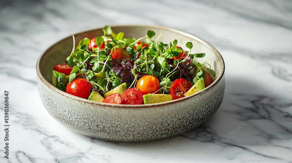 Fresh salad with tomatoes and greens served in a bowl on a marble surface Fresh salad with tomatoes and greens served in a bowl on a marble surface