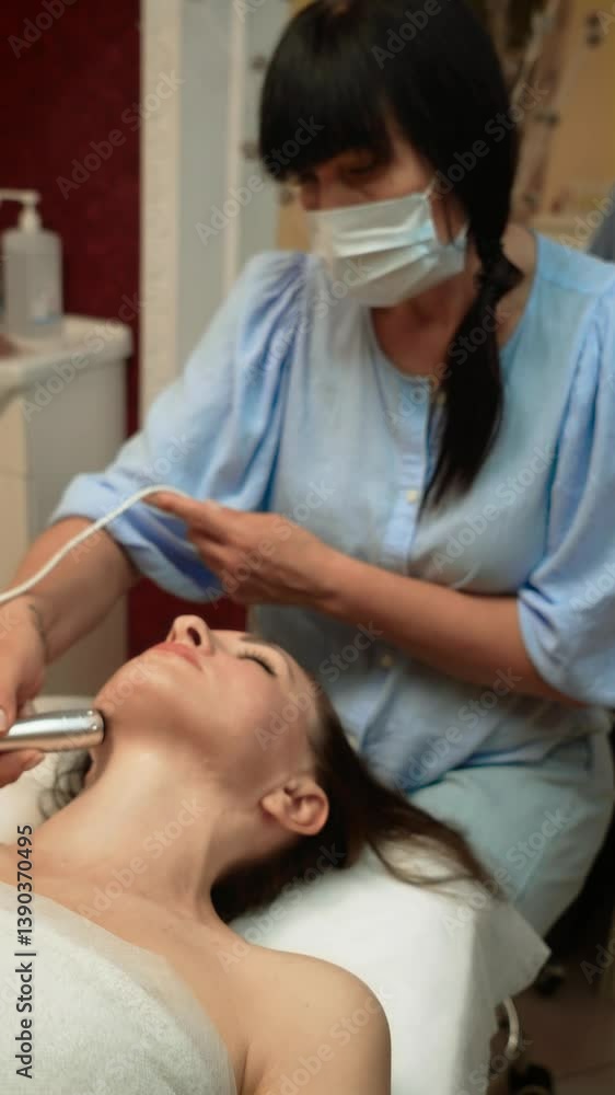 Vacuum Facial Massage performing on jawline, vertical orientation. Beauty Therapist applying suction-based device on lower face of Lady Client for improved blood circulation. Skincare Consultant using Vacuum Facial Massage performing on jawline, vertical orientation. Beauty Therapist applying suction-based device on lower face of Lady Client for improved blood circulation. Skincare Consultant using