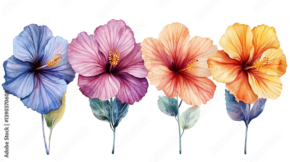 Vibrant Watercolor Hibiscus Flowers Botanical Illustration Floral Design Print Tropical Exotic Summer Nature Painting Artwork Graphic Image