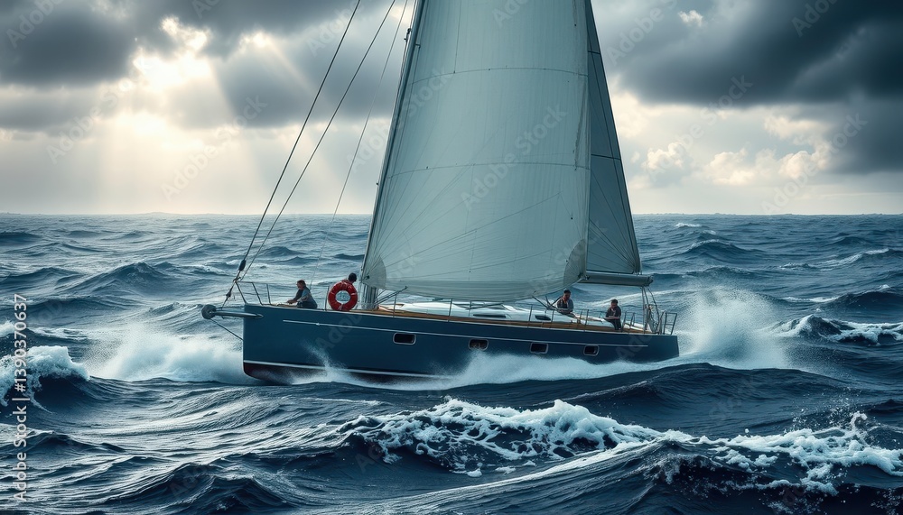 Naklejka premium ⁨Hyperrealistic, medium shot of a white sail in a fierce storm. The wind is howling, and the sail is stretched. The sea is a churning, dark gray mass, with towering waves crashing around the yacht.