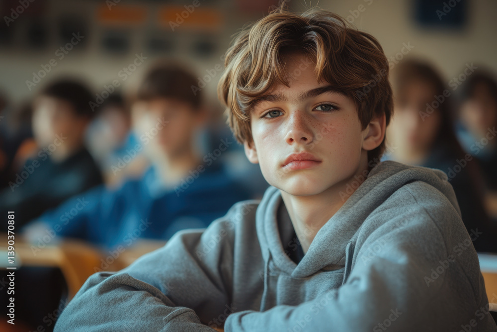 Young boy engaged in learning at desk in classroom, colorful educational materials around him, focused and attentive, raising hand to answer question. Young boy engaged in learning at desk in classroom, colorful educational materials around him, focused and attentive, raising hand to answer question.