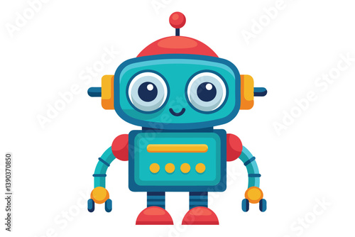 A cartoon illustration of a friendly, blue robot with a red antenna, smiling and facing the viewer. Its wearing red and yellow accents.
