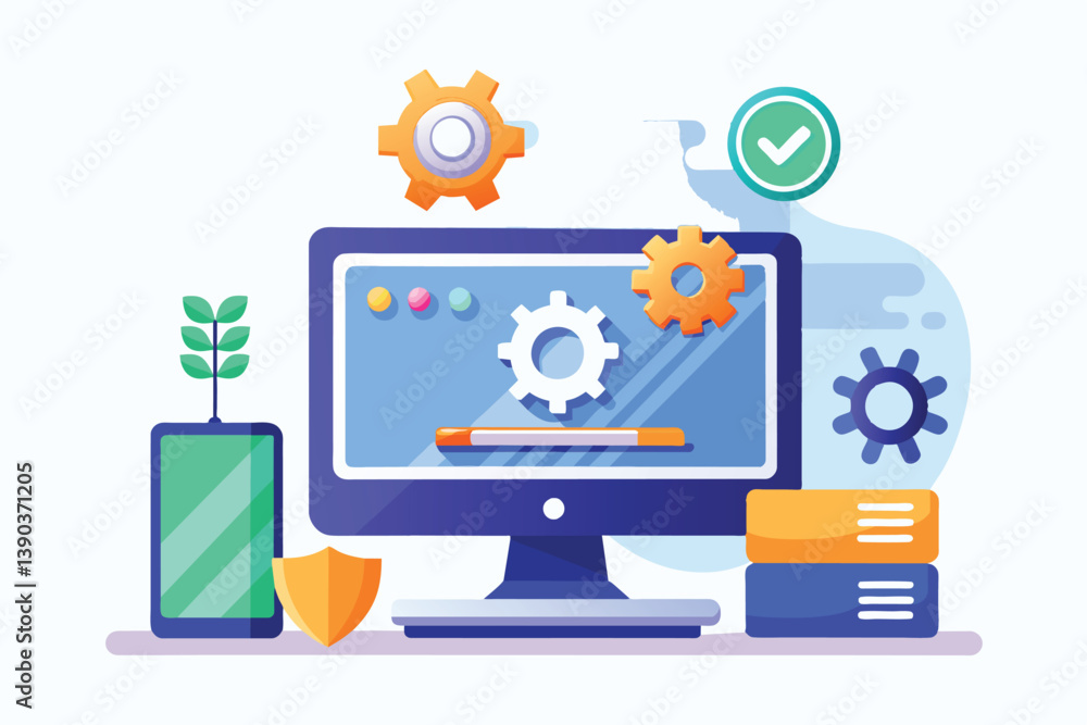 A colorful illustration of a computer desktop with a security shield, server stacks, and cogwheels. It depicts a concept of secure technology and data management. A colorful illustration of a computer desktop with a security shield, server stacks, and cogwheels. It depicts a concept of secure technology and data management.