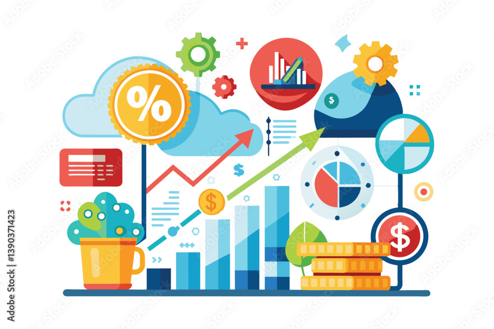 An illustration shows financial success with charts, graphs, icons, and symbols representing percentages, profits, investments, and progress. An illustration shows financial success with charts, graphs, icons, and symbols representing percentages, profits, investments, and progress.