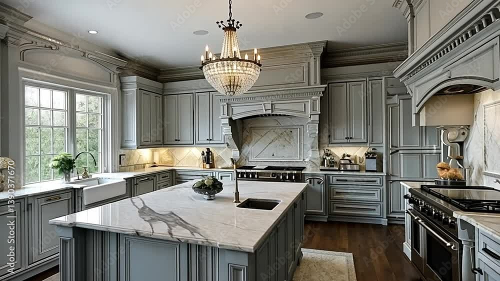 Elegant Grey Kitchen with Marble Island and Chandelier Elegant Grey Kitchen with Marble Island and Chandelier