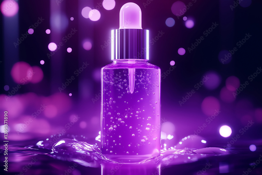 Vibrant Purple Serum Dropper Bottle with Glowing Bokeh Background Vibrant Purple Serum Dropper Bottle with Glowing Bokeh Background