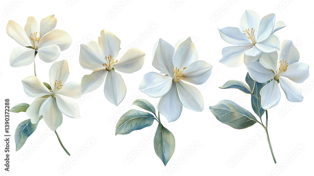 Elegant White Blossoms Floral Design Botanical Illustration Spring Flowers Nature Painting Soft White Petals Delicate Artwork Graphic Design
