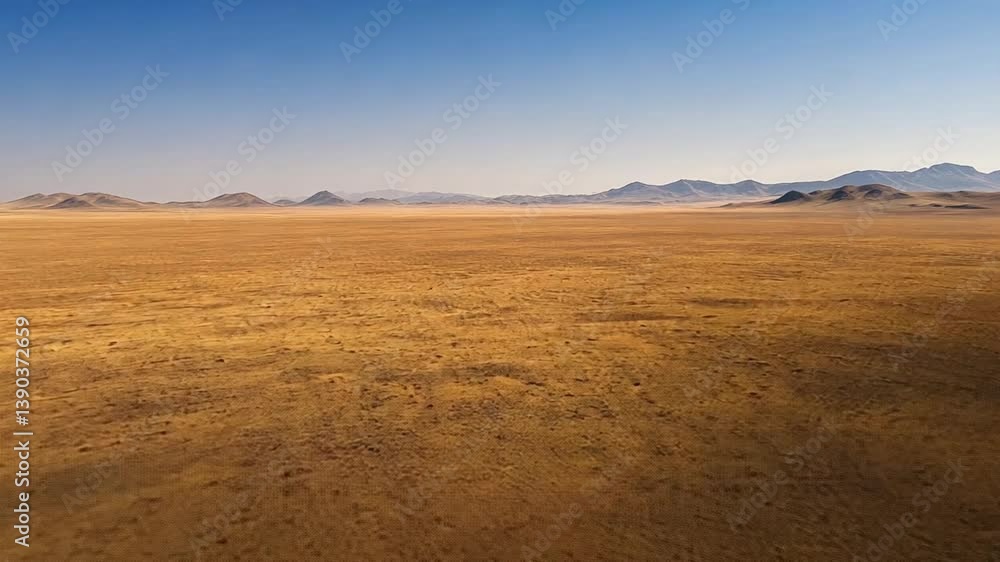 Expansive Desert Landscape Under Clear Blue Sky with Distant Mountains, Capturing the Essence of Arid Wilderness and Natural Beauty in the Great Outdoors Expansive Desert Landscape Under Clear Blue Sky with Distant Mountains, Capturing the Essence of Arid Wilderness and Natural Beauty in the Great Outdoors