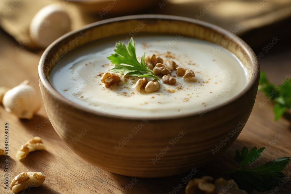 Roasted garlic walnut dip served in hand-thrown ceramic bowl, garnished with parsley and walnuts Roasted garlic walnut dip served in hand-thrown ceramic bowl, garnished with parsley and walnuts