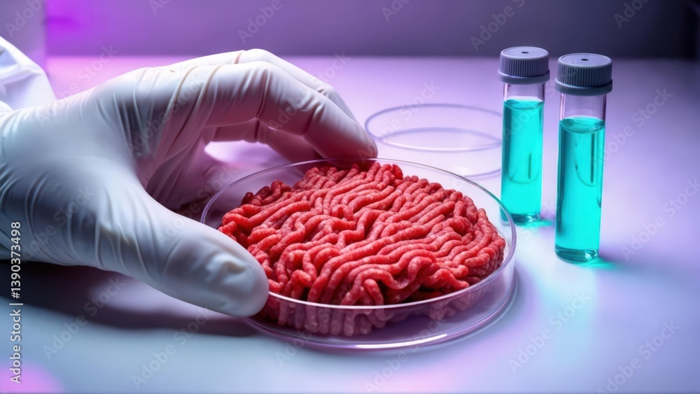 Scientist examining lab-grown meat sample in a petri dish with test tubes containing blue liquid in a laboratory setting